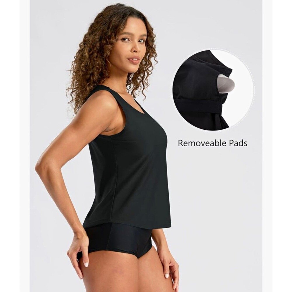 GRADUAL Women’s Black Solid Tankini Tank Swim Top Removable Pads Padded S